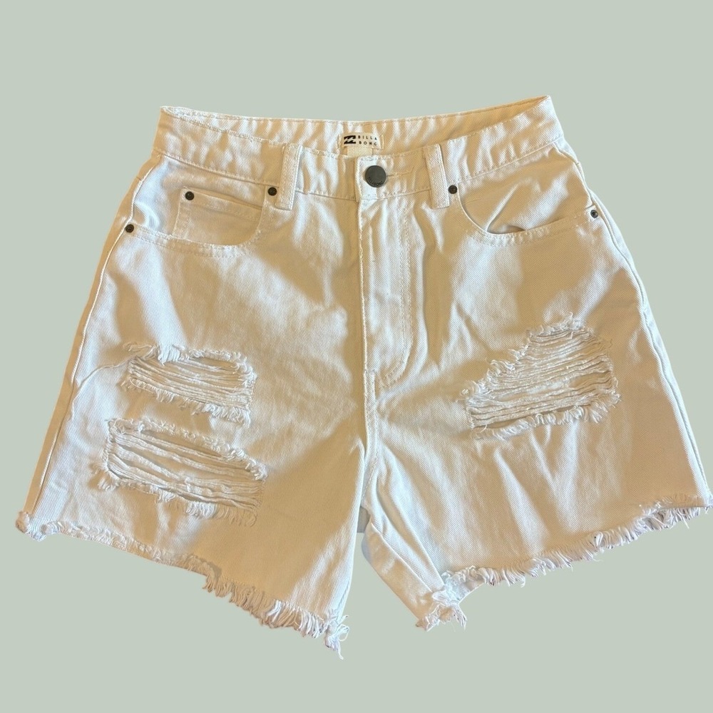 Billabong White Distressed Denim Shorts High Waisted Frayed Hem Size 25